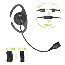 Auriculares de Gancho en C / Cable de Fibra Trenzada / Altavoz Giratorio / Conector SNAP / Compatible con Micrófono de Solapa 1 o 2 Hilos