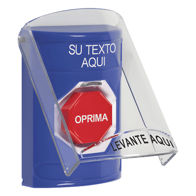 Botón de emergencia con tapa protectora / Restablecimiento con llave / Texto personalizable 2 líneas / LED opcional R/G/B / Montaje en superficie