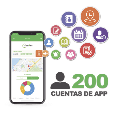 Licencia de Asistencia Móvil / 200 Usuarios / App Smartphone / GPS y Fotografía / Integración BioTime Pro