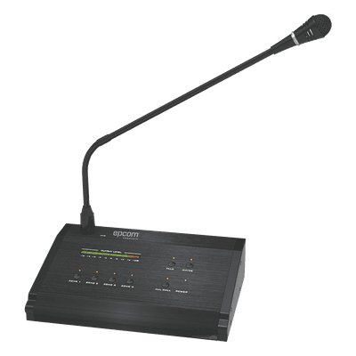 Micrófono de Voceo / 4 Zonas / Comunicación 1 km (3280.8 ft) / Conexión RJ45 / Medidor de Nivel 10 Segmentos / Alimentación 24V DC