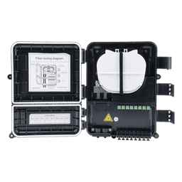 Caja de Distribución de Fibra Óptica / 24 Empalmes / 8 Acopladores SC/APC Simplex / IP55 Exterior / Montaje en Poste