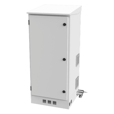 Gabinete de Piso Exterior / Rack 19" 16 U / Ventiladores con Termostato / IP-54 / Espacio para 2 Baterías / 110 VCA / 600 x 1429 x 5 mm