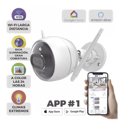 Cámara Bala IP / 2 Megapixel / Doble Lente 2.8 mm / 105° / Visión Nocturna a Color / IR 30 m (98.4 ft) / Wi-Fi 2.4 GHz / IP67 / Audio Bidireccional / Sirena y Luz Estroboscópica