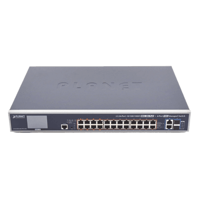 Switch Administrable L3 / 24 Puertos Gigabit PoE 802.3bt / 2 Puertos 10G SFP+ / Pantalla Táctil LCD / Fuente Redundante / 600W