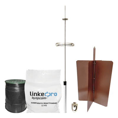 Kit Pararrayos / Electrodo de Cobre de Alta Sección / Pararrayos de Aluminio con Ionización / Radio de Cobertura 72° / Diseño para Excavaciones Poco Profundas / Cumple Estándares Internacionales de Telecomunicaciones