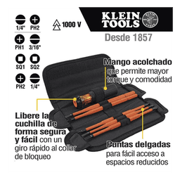 Juego de Desarmadores Intercambiables con Aislamiento 1000V / 8 Puntas / Mango Ergonómico / Estuche Enrollable