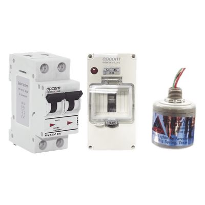 Kit de Protección DC Fotovoltaico / Breaker 800 VCC 40 A / Supresor de Descargas / Varistor Óxido de Silicio / Tiempo de Respuesta 5 ns / 2 Polos