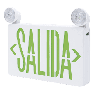Letrero de Emergencia LED / Dual Salida y Luz de Emergencia / Montaje Universal Pared-Lateral-Techo / Doble Voltaje 120-277 VAC / Batería 6V 4.5Ah / Consumo 3W