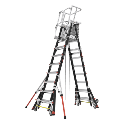 Escalera de Fibra de Vidrio con Jaula / Ajuste de Altura 8' a 14' (2.44 a 4.27 m) / Carga Máxima 170 kg (375 lb) / Nivelación en Ruedas Ratchet™ / Peso 58.5 kg (129 lb)