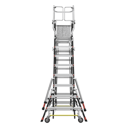 Escalera de Fibra de Vidrio con Jaula / Ajuste de Altura 8' a 14' (2.44 a 4.27 m) / Carga Máxima 170 kg (375 lb) / Nivelación en Ruedas Ratchet™ / Peso 58.5 kg (129 lb)