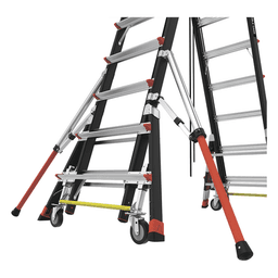 Escalera de Fibra de Vidrio con Jaula / Ajuste de Altura 8' a 14' (2.44 a 4.27 m) / Carga Máxima 170 kg (375 lb) / Nivelación en Ruedas Ratchet™ / Peso 58.5 kg (129 lb)