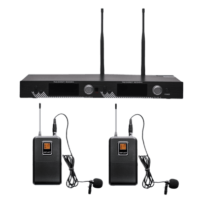 Kit de Micrófonía Inalámbrica UHF / 2 Micrófonos Lavalier / 200 Canales / Alcance 100 m (328 ft) / 15 Horas de Batería / Pantalla LCD