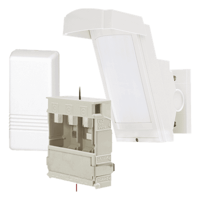 Detector de Movimiento PIR / 100% Exterior / Inalámbrico / Cobertura 12 m (39.4 ft) a 85° / Montaje 2.5 m - 3 m (8.2 ft - 9.8 ft) / Antimascota / Transmisor Honeywell 5816 Incluido