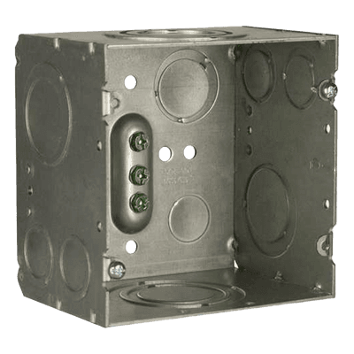 Caja de Conexión Cuadrada / Acero Soldado / 4.69 x 4.69 in / Profundidad 3-1/4 in (82.55 mm) / 66.7 in³ / Entradas 1/2" a 2" / UL Listed