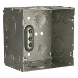 Caja de Conexión Cuadrada / Acero Soldado / 4.69 x 4.69 in / Profundidad 3-1/4 in (82.55 mm) / 66.7 in³ / Entradas 1/2" a 2" / UL Listed