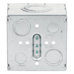 Caja de Conexión Cuadrada / Acero Soldado / 4.69 x 4.69 in / Profundidad 3-1/4 in (82.55 mm) / 66.7 in³ / Entradas 1/2" a 2" / UL Listed