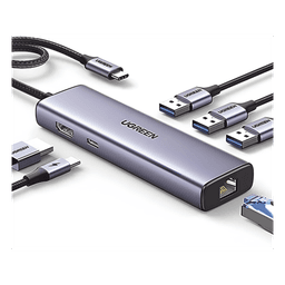 Hub USB-C 6 en 1 / 3 Puertos USB-A 3.0 (5 Gbps) / HDMI 4K@30Hz / PD 100W / Gigabit Ethernet / Aluminio