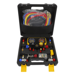 Manómetro de 4 Vías / Compatible con R410A, R32, R134A, R22 / 4 Mangueras 1.5 m / Cuerpo Cobre y ABS / Estuche Incluido