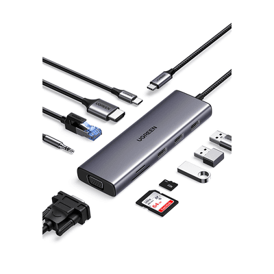 Hub USB-C / 10 en 1 / HDMI 4K@30Hz / VGA 1920x1200 / 3x USB 3.0 5Gbps / Ethernet Gigabit / SD/TF / PD 100W / Audio 3.5mm / Aluminio