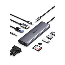 Hub USB-C / 10 en 1 / HDMI 4K@30Hz / VGA 1920x1200 / 3x USB 3.0 5Gbps / Ethernet Gigabit / SD/TF / PD 100W / Audio 3.5mm / Aluminio