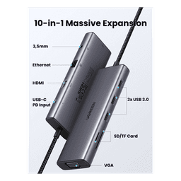 Hub USB-C / 10 en 1 / HDMI 4K@30Hz / VGA 1920x1200 / 3x USB 3.0 5Gbps / Ethernet Gigabit / SD/TF / PD 100W / Audio 3.5mm / Aluminio