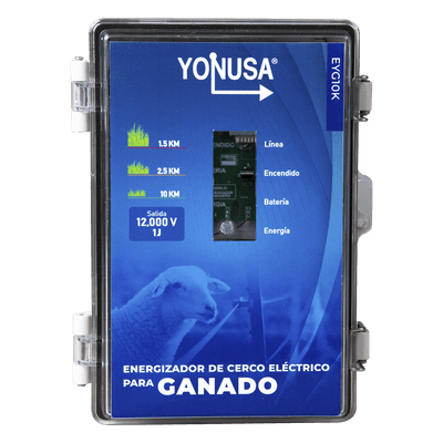 Energizador para Cercas Electrificadas / 10,000 V / 2 Joules / 25 km (82,020 ft) / Alimentación Solar 12 V / Batería Respaldo 3 Días