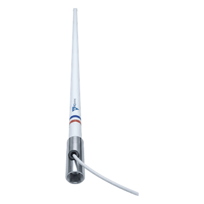 Antena Marina VHF / Fibra de Vidrio / 156-163 MHz / 6 dBi / 2.4 m (7.9 ft) / Cable 10 m (32.8 ft) / Base Acero Inoxidable