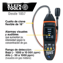 Detector de Fugas de Gas Combustible / 50-10,000 ppm / Sensor Electroquímico / Cuello Flexible 18'' (1.5 ft) / Alarma 85 dB