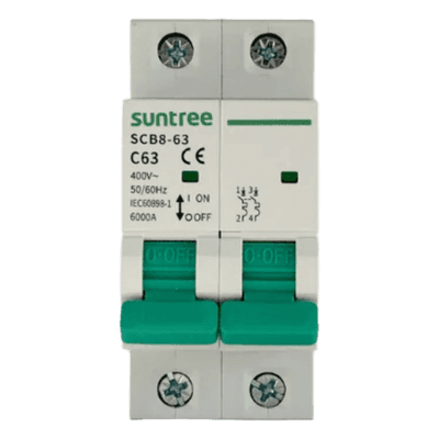 Interruptor Termomagnético / 2 Polos / 32 A / 400 Vca / Curva C / 6 kA / Riel DIN 35 mm