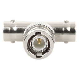 Adaptador RF en T / BNC Macho a Doble BNC Hembra / 50 Ohm / Cuerpo Troquelado Niquelado / Contacto Oro / Aislante Delrin