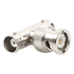 Adaptador RF en T / BNC Macho a Doble BNC Hembra / 50 Ohm / Cuerpo Troquelado Niquelado / Contacto Oro / Aislante Delrin