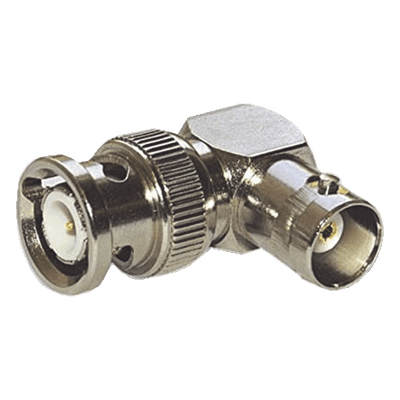 Adaptador Coaxial / BNC Macho a BNC Hembra / Ángulo Recto / 75 Ohm / Níquel-Oro-Teflón