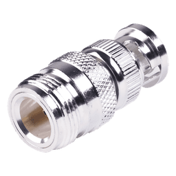 Adaptador RF Coaxial / 50 Ohm / N Hembra a BNC Macho / Montaje en Línea / Cuerpo Bronce Plateado / Contacto Oro / Aislante Teflón