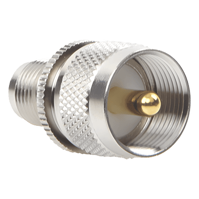 Adaptador de Conector RF / TNC Hembra a UHF Macho PL-259 / Montaje en Línea / Cuerpo Níquel / Contacto Oro / Aislante Teflón