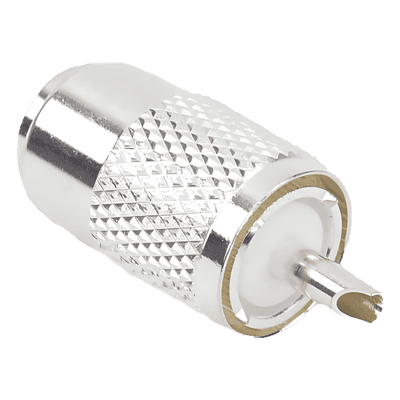 Conector UHF Macho / Compatibilidad RG-8/U y Derivados / Aislante de Teflón / Cuerpo de Bronce Plateado / Rosca Especial