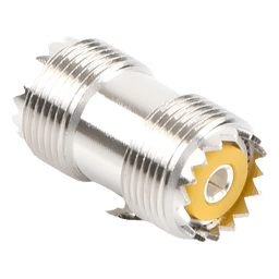 Adaptador Coaxial Barril / UHF Hembra SO-239 a UHF Hembra SO-239 / Montaje en Línea / Cuerpo Bronce Niquelado / Contacto Plateado