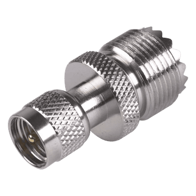 Adaptador Coaxial en Línea / Mini UHF Macho a UHF Hembra (SO-239) / Cuerpo Níquel / Contacto Oro / Aislante Teflón