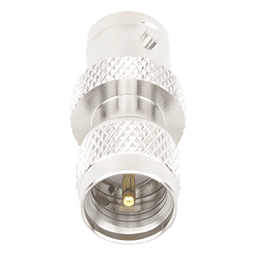 Adaptador de Conector / Mini UHF Macho a BNC Hembra / Montaje en Línea / Cuerpo Bronce Niquelado / Contacto Oro / Aislante Teflón