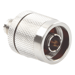 Adaptador Coaxial en Línea / Mini UHF Hembra a N Macho / Cuerpo Bronce Niquelado / Contacto Oro / Aislante Teflón