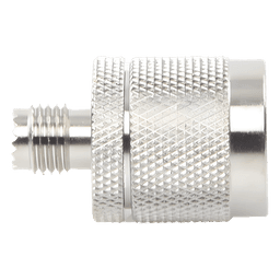 Adaptador Coaxial en Línea / Mini UHF Hembra a N Macho / Cuerpo Bronce Niquelado / Contacto Oro / Aislante Teflón