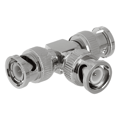 Adaptador Coaxial Tipo T / Triple BNC Macho / 75 Ohm / RG-59 y RG-6 / Níquel y Oro / 39.9 mm de Longitud