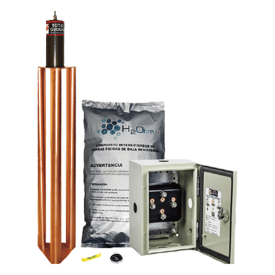 Kit de puesta a tierra / 100 A / Electrodo de cobre electrolítico / Acoplador 1500 A NEMA 4 / Filtro LCR / Compuesto mejorador
