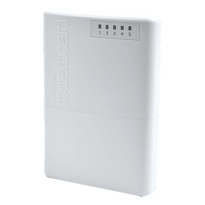 Router exterior / 5 puertos Fast Ethernet blindados / PoE pasivo 4 puertos / IP66 / CPU 650 MHz / RouterOS Nivel 4