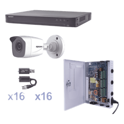 Kit TurboHD / DVR 16 Canales Pentahíbrido / 16 Cámaras Bala 1080p / IR 20 m (65.6 ft) / Fuente de Poder Profesional / Transceptores UTP