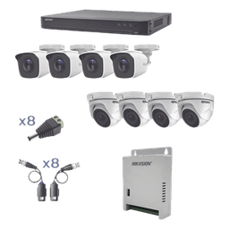 Kit TurboHD / DVR 8 Canales / 8 Cámaras 1080p / Bala y Eyeball / IR 20 m (65.6 ft) / Fuente Regulada 12V-15V / Transceptores UTP