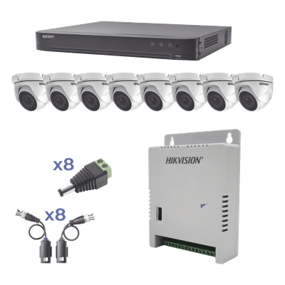 Cámara Turret / 2 MP 1080p / IR 20 m (65.6 ft) / Lente 2.8 mm / 103° / Exterior IP66 / Starlight / Audio por Coaxitron / Up the Coax / Compatibilidad 5 Tecnologías / Carcasa Metálica / Fuente Multitensión 12-15 Vcc / Transceptores UTP Pasivos / Kit Completo 8 Canales