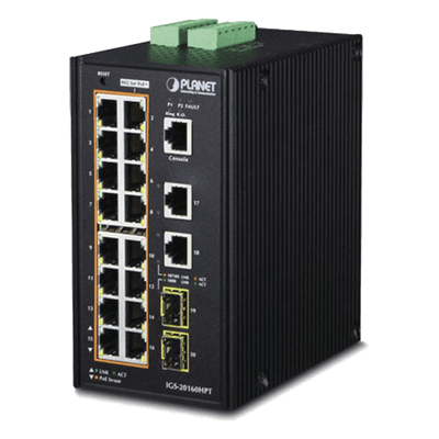 Switch Industrial Administrable / 16 Puertos PoE+ Gigabit / 2 Puertos Gigabit / 2 Puertos SFP / IP30 / -40 a 75°C