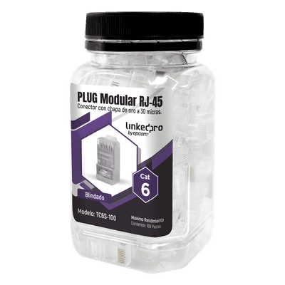 Plug Modular RJ45 / Cat6 Blindado / Chapado Oro 30µ / 23AWG / Sin Pin Tierra / 100 Piezas