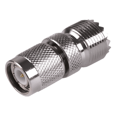 Adaptador de Conector RF / TNC Macho a UHF Hembra SO-239 / Montaje en Línea / Cuerpo Bronce Niquelado / Contacto Oro / Aislante Teflón