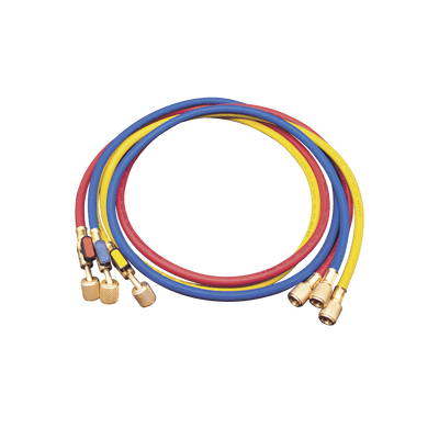 Juego de Mangueras de Refrigerante MM360 / 3 Mangueras 150 cm con Válvulas de Cierre / Presión Trabajo 55 bar (800 psi) / Presión Ruptura 276 bar (4000 psi) / Conexiones 1/4 SAE Hembra y Macho / Identificación por Color Rojo-Az